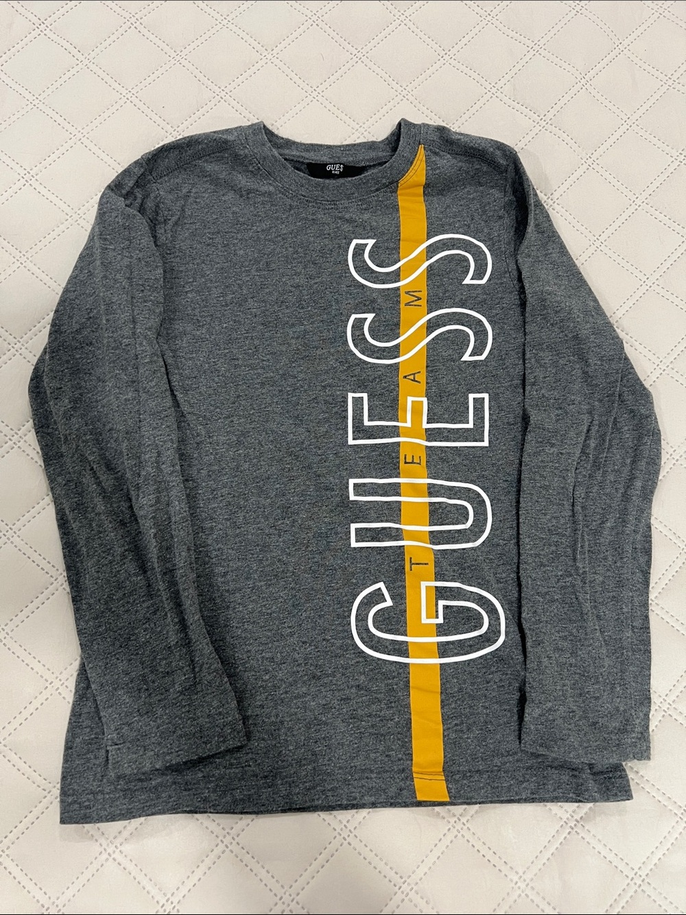 GUESS Gray Long Sleeve Tee with Yellow Vertical Stripe